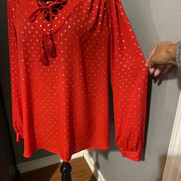 Faded Glory Blouse Womens XL 16-18 Red Peasant Silver Accents Tassels Boho - Picture 2 of 9